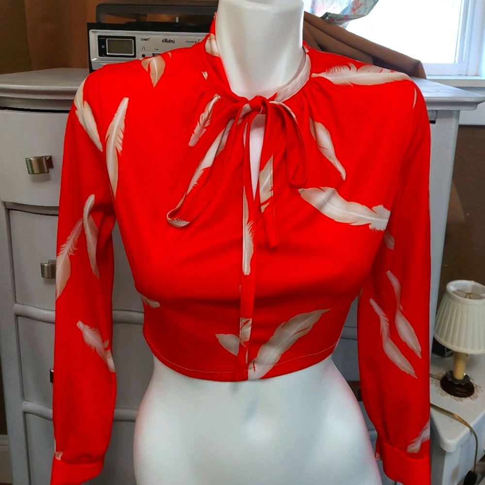 Vintage cropped feather print blouse